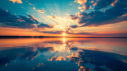 beautiful view of sunset in lake with cloudy sky 
