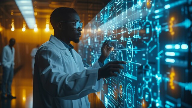 Tech innovators analyzing data on a giant digital touchscreen, collaborative workspace