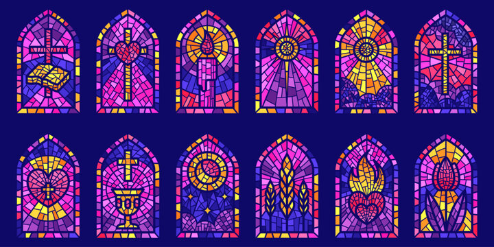 Church glass windows. Stained mosaic catholic frames with cross, book and religious symbols. Vector set