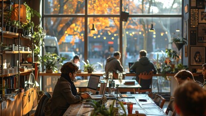 Startup culture depicted in a bustling co-working space, filled with tech enthusiasts