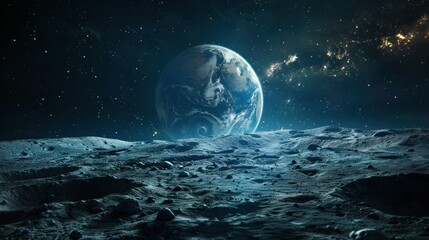 Space shutter on the moon on the surface of the planet, moon with perspective and planet earth globe in the background for astronomy concept as a wide banner. - obrazy, fototapety, plakaty