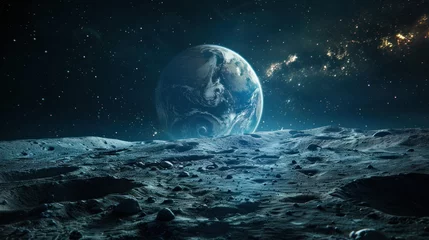 Fotobehang Space shutter on the moon on the surface of the planet, moon with perspective and planet earth globe in the background for astronomy concept as a wide banner. © sirisakboakaew
