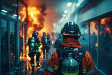 a fire drill in an urban office building showcasing the urgency and organized chaos emphasize on the roles of safety officers