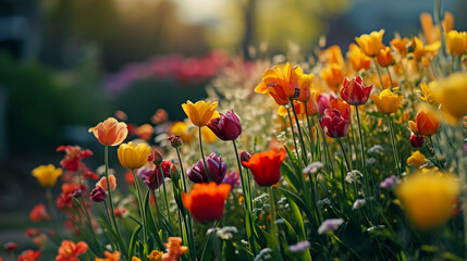 A close-up shot capturing the intricate details of 4K HDR fresh flowers nestled in the grass of a house lawn, their vivid hues standing out against the natural landscape.