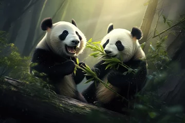 Schilderijen op glas Panda bear happily munching on fresh bamboo stalks in the forest, A panda bears peacefully munching on bamboo in a lush forest, Ai generated. © Tanu