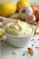 mayonnaise in white ceramic bowl on white wooden background with ingredients