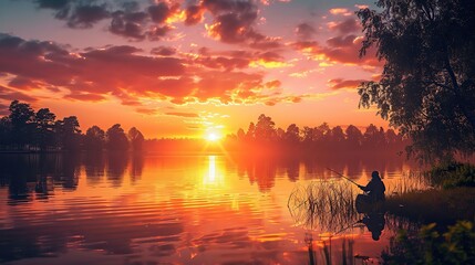 Fishing on the lake at sunset. Fishing background. copy space for text. image of lifestyle of Asia people. - obrazy, fototapety, plakaty