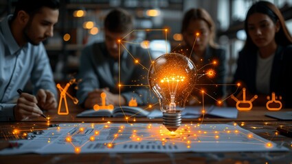 Innovative startup team planning with digital mind maps, technology at the forefront
