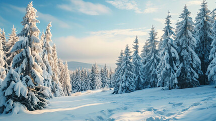 Fototapeta premium Snow covered pine trees sit in a peaceful winter landscape under a clear sky suitable for travel brochures and seasonal website headers for outdoor branding.