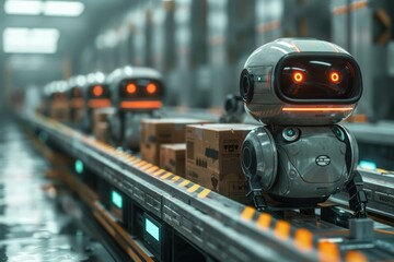 a futuristic ecommerce warehouse with automated robots sorting packages representing the evolution of online shopping efficient and hightech - obrazy, fototapety, plakaty