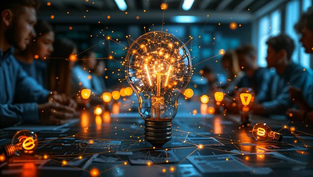 Innovative startup team planning with digital mind maps, technology at the forefront