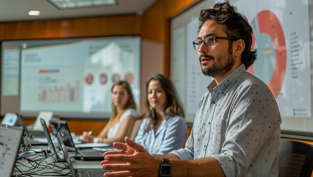 Tech-driven business strategy session, integrating digital tools for market analysis