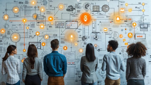 Innovative startup team planning with digital mind maps, technology at the forefront