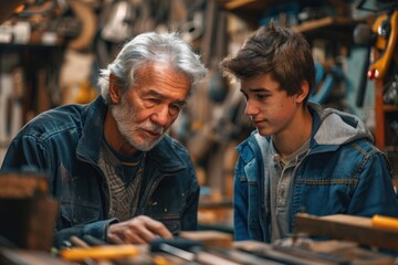  a mentor guiding a young apprentice in a workshop illustrating vocational training and the passing of skills focused and practical - obrazy, fototapety, plakaty