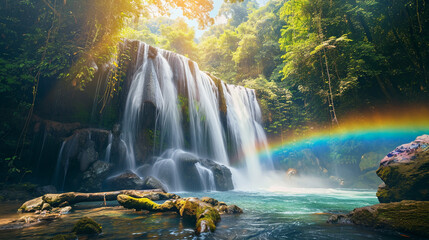 waterfall and rainbow in the forest 