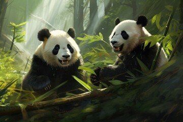Panda bears happily munching on bamboo in the forest, A panda bears peacefully munching on bamboo...