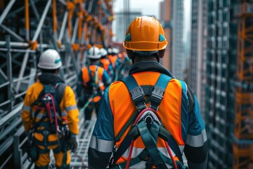 a safety training session for construction workers at a skyscraper site highlighting the use of safety harnesses and helmets focus on the prevention of accidents