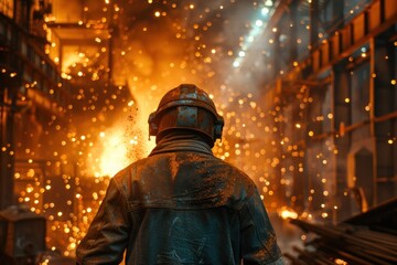 Obraz premium the gritty atmosphere of a steel mill with workers in protective gear amidst showers of sparks highlighting the harsh beauty of industry
