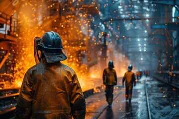 Fototapeta na wymiar the gritty atmosphere of a steel mill with workers in protective gear amidst showers of sparks highlighting the harsh beauty of industry