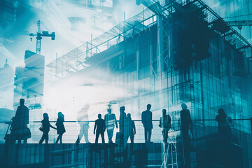 Fototapeta na wymiar workers on construction site, engineering construction infrastructure silhouette of business people standing teamwork together multi exposure with industrial building construction in blue