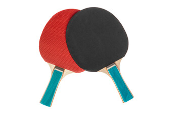 Red and black table tennis rackets highlighted on a white background with a cropping outline....