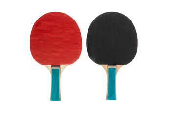 Red and black table tennis rackets highlighted on a white background with a cropping outline....