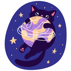 A sticker with a cute black cat in space that plays with the planet like a ball of thread