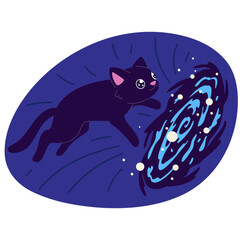 A sticker with a cute black cat in space, attracted by a black hole.