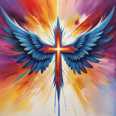 A cross between two wings shows a holy spiritual concept image