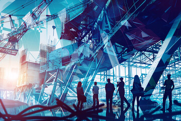 workers on construction site, engineering construction infrastructure silhouette of business people standing teamwork together multi exposure with industrial building construction in blue