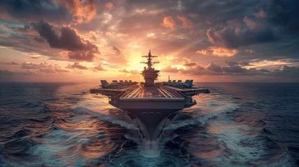 Foto op Canvas a conventional military aircraft carrier carrying fighter jets during special operations in a war zone. Wide poster design with copy space © sirisakboakaew