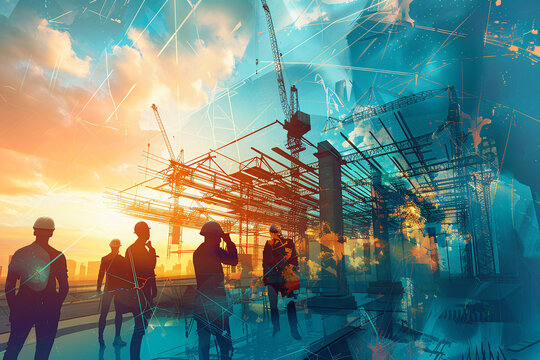 workers on construction site, engineering construction infrastructure silhouette of business people standing teamwork together multi exposure with industrial building construction in blue