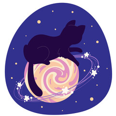 A sticker with a cute character, a black cat, who lies on the planet and plays with the stars in space among the stars.