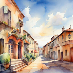 Panoramic view of summer old street with old cityscape, watercolor painting