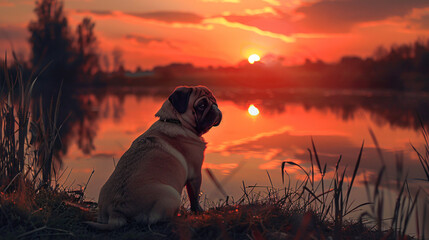 Dog pug at sunset - obrazy, fototapety, plakaty