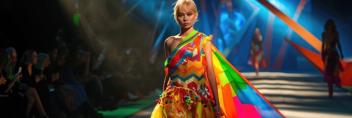 Fototapeta premium Fashion Show, New Collection Demonstration, Unusual Clothes, Bright Outfit, Uncomfortable