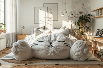 Teddy Bear Large Bed, Couch in form of Stuffed Toy, Cozy Bedroom with Soft Toy as Bed in Interior