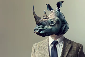 Foto op Plexiglas anti-reflex Portrait of a rhino in a business suit. An old traditional businessman Rhinoceros in a suit and tie. Professional Rhino character dressed in business attire. Generative AI. © Surachetsh