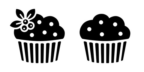 Cupcake icon, black silhouette isolated on white. Berry cupcake decorated with blueberry or muffin with chocolate pieces. Vector clipart sign or minimalist logo for food design, bakery illustration.