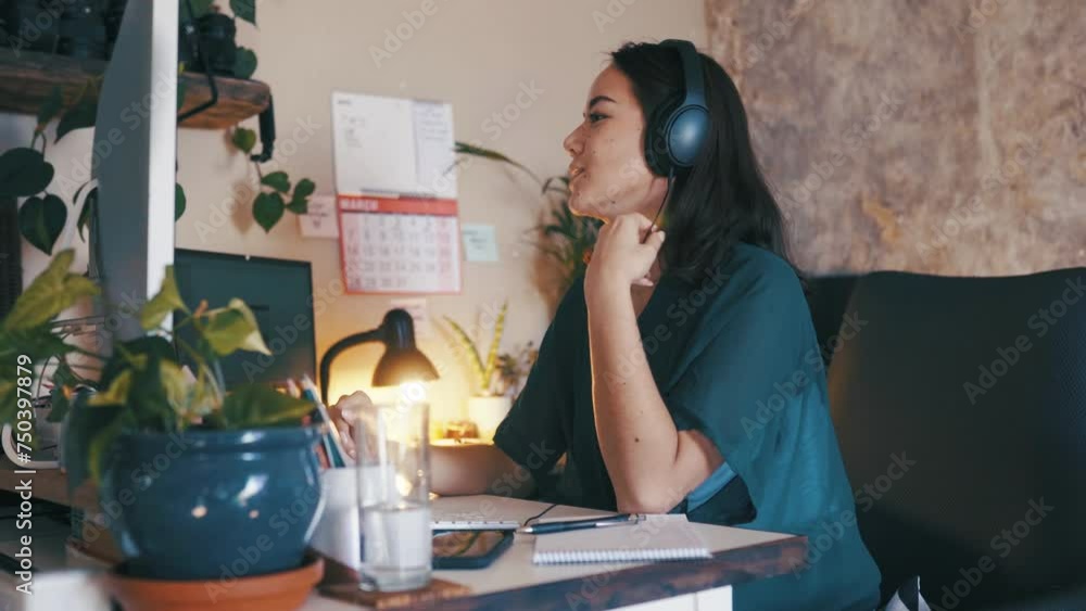 Poster woman, headset and phone call as consultant at computer for customer service, virtual assistant or c