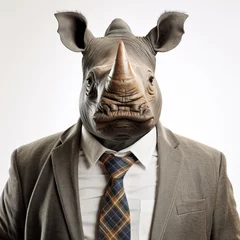 Foto auf Alu-Dibond Portrait of a rhino in a business suit. An old traditional businessman Rhinoceros in a suit and tie. Professional Rhino character dressed in business attire. Generative AI. © Surachetsh