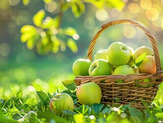 Green Apples in Basket, Apples Harvest Banner, Ripe Fruits in Garden on Grass under Apple Tree