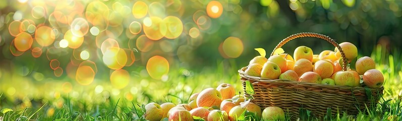 Yellow Apples in Basket, Rich Apples Harvest Banner, Ripe Fruits in Garden on Grass under Apple Tree - obrazy, fototapety, plakaty