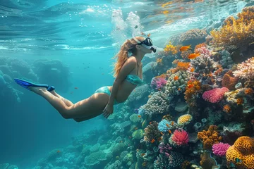 Foto op Canvas Caucasian girl in a mask swims on a coral reef © sofiko14