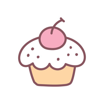 Cute cupcake icon. Hand drawn illustration of a creamy dessert with a cherry isolated on a white background. Kawaii sticker. Vector 10 EPS.