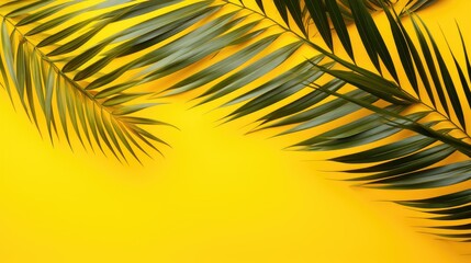 Palm tree with tropical leaves on a yellow background with a place to copy text, an even layer of green tropical leaves. The concept of recreation, tourism, and sea travel.