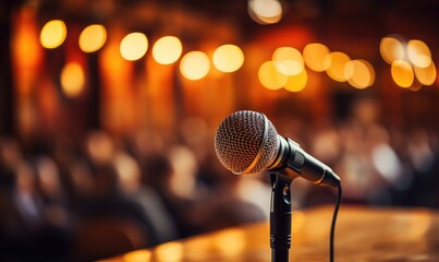 microphone, with empty auditorium background, selective focus 