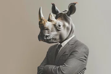 Gordijnen Portrait of a rhino in a business suit. An old traditional businessman Rhinoceros in a suit and tie. Professional Rhino character dressed in business attire. Generative AI. © Surachetsh