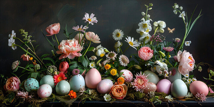 Happy easter concept with easter eggs in nest and spring flowers on light background easter background 