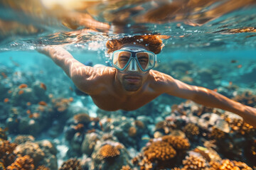 Caucasian man in a mask swims on a coral reef - obrazy, fototapety, plakaty